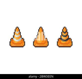 Pixel art 8-bit Road safety traffic cones set - isolated vector illustration Stock Vector