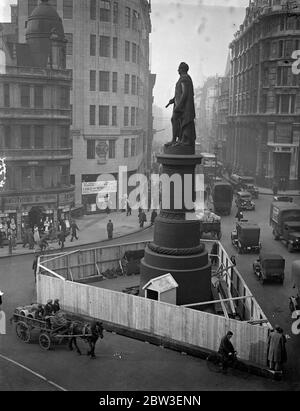 The statue of King William IV on King William Street . Another London statue to be moved from the busy traffic centre . The statue will be moved to Greenwich . 12 January 1935 Stock Photo
