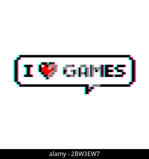 Pixel art 8-bit speech bubble saying i love games with heart icon - isolated vector illustration Stock Vector