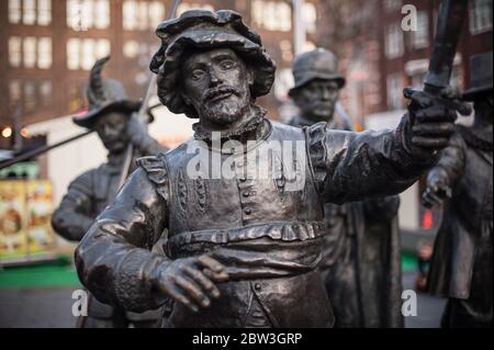 AMSTERDAM, NETHERLANDS - 27. December 2019 - Details of Night Watch, Rembrandt Square (Rembrandtplein), statue by sculptor Louis Royer Stock Photo