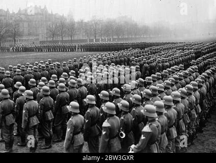 Germany celebrates first anniversary of restoration of  military freedom  . Troops celebrating the anniversary on a barracks square in Berlin . 17 March 1935 Stock Photo