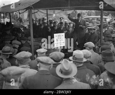 King ' s livestock auctioned at Slough christmas show . Pet stock from the Royal farms at Windsor were offfered for sale , by command of the King , at Slough Christmas Cattle show , when 30 fat cattle , 60 sheep and 50 pigs were sold by auction . There is always keen competition for the King ' s stock . Photo shows , auctioning the King ' s pigs . 10 December 1935 Stock Photo