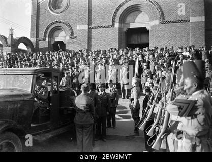 First airman killed in Abyssinian war given military funeral . The first airman killed in the Abyssinian war , Sergeant Birngo Dalmazio , a 24 year old flight sergeant and mechanic of the Italian forces who was wounded while on a bombing raid , was buried with full military honours in Asmara . Dalmazio , , who was hit by a dum dum bullet while flying with Lieutenant Sanze on a bombing raid on a decoy native camp in the valley between Enda Micael and Buja , was taken to hospital at Asmara but died from his wounds . Photo shows , the funeral ceremony at Asmara Church . Marked with cross is Count Stock Photo