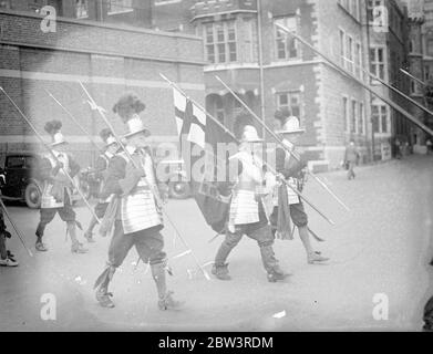 Ancient musketeers relive their history . Rehearse for first display outside London . For the first time in the long history of the Pikeman and Musketeers of the Honourable Artillery Company , will take part in a performance outside London . Dressed in steel and scarlet , with drum beating and carrying pikes and muskets , the quaint company will give a display at Hitchingbrooke Castle at Huntingdon , near the birthplace of Oliver Cromwell , with whom the regiment is closely linked . The modern pikemen are rehearsing for their display at the H A C headquarters in Finsbury , London . Photo shows Stock Photo