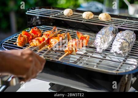 Grilling on a hybrid grill barbecue for electric or charcoal. Marinated raw chicken skewers on wooden skewers with bell pepper and onion Stock Photo