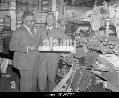 Maharajah Kumar of Vizian Agram , all India cricket captain , selects cricket bats with the help of Jack Hobbs . The Maharajah Kumar of Vizianagram , captain of the All India cricket team which has just arrived for an English tour , received the assistance of Jack Hobbs , batting giant of other days , when he went to Hobbs sports equipment shop in Fleet Street , E C to select cricket bats . Photo shows , the Maharajah Kumar of Vizianagram examining a cricket bat with Jack Hobbs . 17 April 1936 17 April 1936 Stock Photo