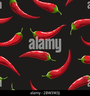 Seamless hand drawn pattern with hot chili pepper on black background. Vector illustration Stock Vector