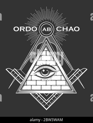 Pypamid with All seeing eye. Mystic occult esoteric symbol with Latin wording Ordo ab Chao what means Order from chaos. Vector illustration. Stock Vector