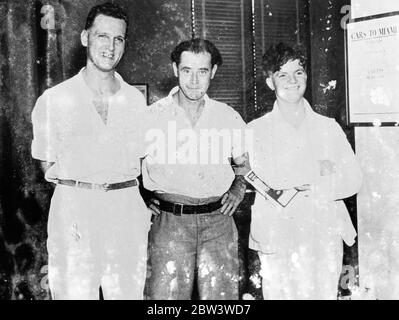 Members Of  Girl Pat  Crew Held By US Authorities When They Arrive At Miami By Air . Two members of the crew of the truant Grimsby trawler  Girl Pat  are being held by the United States Immigration Bureau , Department of Labour , for a hearing , following their arrival at Miami , Florida , by air liner from Georgetown , British Guiana , where the  Girl Pat  was captured . The men are John H . McDonald Harris and Howard Stephen . Photo shows : John H . McDonald Harris ( left ) and Howard Stephen , members of the  Girl Pat  crew , on arrival at Miami , Florida . 7 Jul 1936 Stock Photo