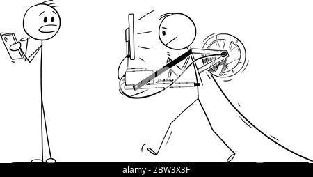 Vector cartoon stick figure drawing conceptual illustration of walking man or businessman carrying desktop computer attached to him as mobile office, pulling electric cable behind. Man with mobile phone is shocked. Stock Vector