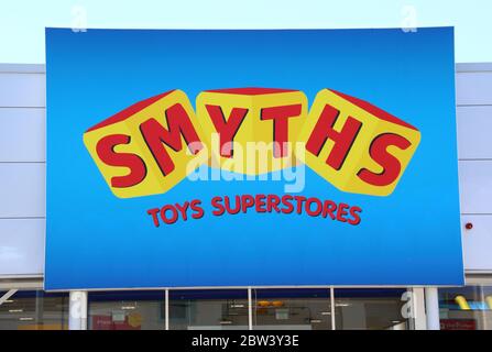 Smyths Toys Superstore logo seen in London.UK Government has announced a further relaxing of restrictions that resulted from the COVID-19 pandemic. Thousands of non-essential shops, department stores and shopping centres can open from June 15. Stock Photo