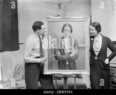 R A paints actress portrait . Mr James Proudfoot , the Royal Academician , is painting a portrait of Ellen Pollock , the actress , at his Chelsea ( london ) studios . Photo shows , Ellen Pollock with her portrait . 10 March 1937 Stock Photo