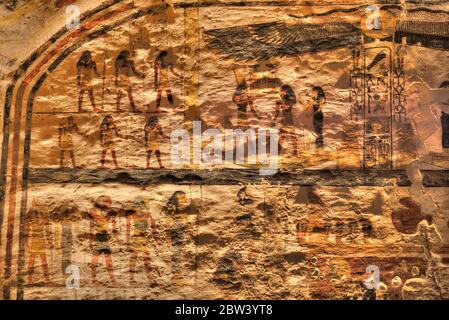 Frescoes, Burial Chamber, Tomb of Ramses IX, KV6, Valley of the Kings, UNESCO World Heritage Site, Luxor, Egypt Stock Photo