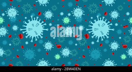 Seamless Pattern of Corona Virus Disease 2019. Covid-19 virus background with disease cells and red blood cell, global spread dangerous coronavirus Stock Vector