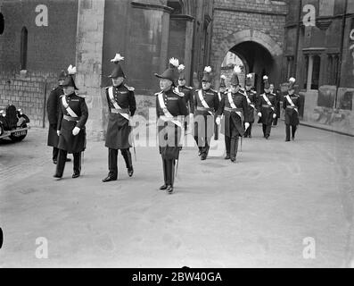 The King, who has just taken up residence with the Queen at Windsor Castle, received loyal address from the Mayor and Corporation of Windsor and the Dean and Canon of St George's Chapel, Windsor, at the castle. Photo shows: Knight Officers of Windsor at the castle for the presentation of the address. 9 April 1937 Stock Photo