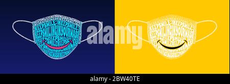 Keep Smile Even If You Wear a Face Mask. Keep Smiling in your mask text wrap illustration, isolated on solid yellow and blue gradient. Stock Vector