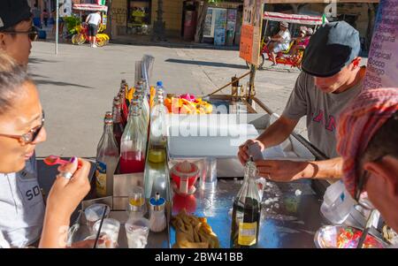 Palermo, 12 August 2016 - ITALY: characteristic cart for the preparation of drink with crushed ice and syrup Stock Photo