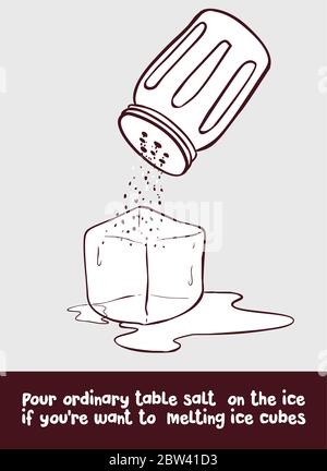 Pour ordinary table salt on the ice if you're want to melting ice cubes. Stock Vector