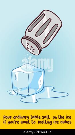Pour ordinary table salt on the ice if you're want to melting ice cubes. Stock Vector
