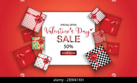 Valentines's day sale promo with gift box on red background, Can be used for flyers, invitation, posters, brochure, banners Stock Vector