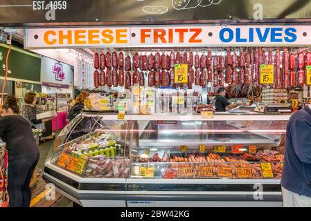 Huge selection of delicious foods for sale inside the famous Central Market in Adelaide, Australia Stock Photo