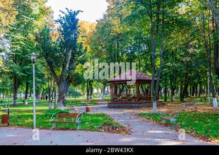 The alleys in Roman Park covered with leaves intersecting with a pavilion, Romania Stock Photo