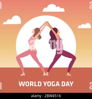 World Yoga Day Two Woman Practicing Yoga in Yoga Pose Stock Vector