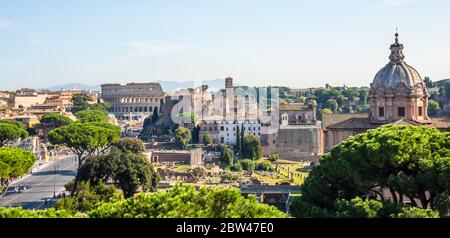 Forum Romanum and Coliseum view from the Capitoline Hill in Italy, Rome. Travel world