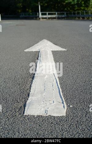 Close up of painted white arrow on ground tarmac in UK supermarket outdoor car park, summer sunshine. Stock Photo