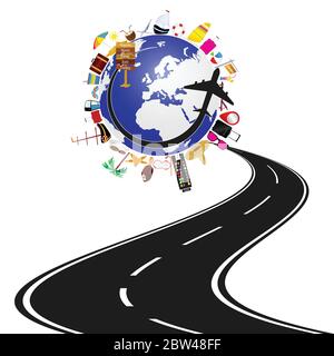 road with planet earth and travel icon illustration in colorful Stock Vector