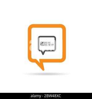 square orange speech bubble with 24 hour delivery icon illustration on white Stock Vector
