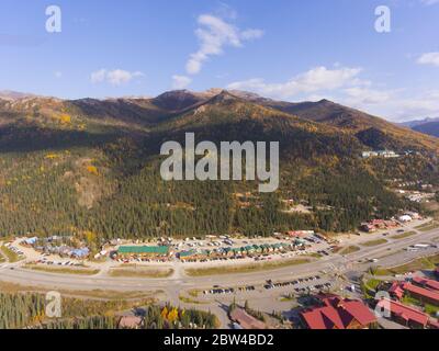 Denali National Park, Nenana River and Alaska Route 3 aka George Parks Highway aerial view in fall, at Denali Village, Alaska AK, USA. Stock Photo