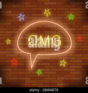 OMG Neon Light. Orange Brick Wall Background. Colorful Starry Pattern with Cartoon Speech Bubble Stock Vector