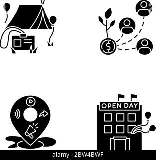 Event organization black glyph icons set on white space Stock Vector