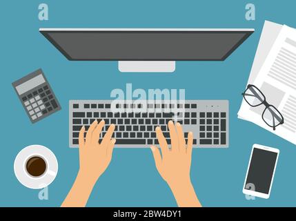 Flat design illustration of computer keyboard and monitor in office on desk with cup of coffee, mobile phone and calculator. Hands writing text - vect Stock Vector