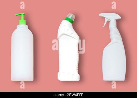 3 types of plastic bottles for household chemicals. Stock Photo