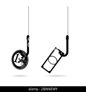 euro and money on hook in black color illustration Stock Vector