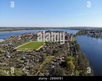 Aerial view of Werder City island in the River Havel with the town's oldest quarter. The Werder town municipal area stretches along the banks of the H Stock Photo