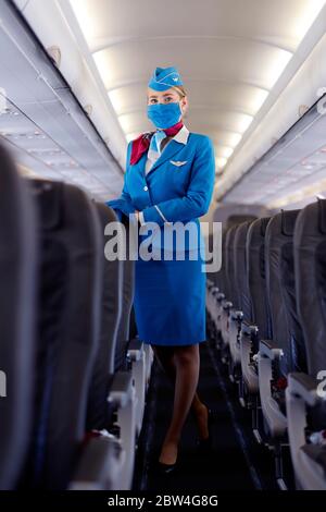 Stewardess from Eurowings at the presentation of the security concept at Cologne Bonn Airport during the corona crisis 'Safe in Corona times'. Koln, May 27th, 2020 | usage worldwide