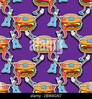 seamless Burger pattern with guitar on purple background. Vector image Stock Vector