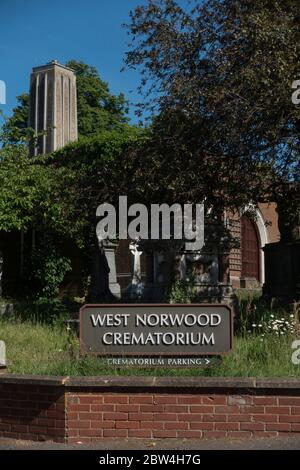 West Norwood Crematorium sign during the Coronavirus Lockdown on the 29th May 2020 in South London in the United Kingdom. Photo by Sam Mellish