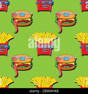 seamless pattern cartoon character fries and Burger in glasses on a green background. Vector image Stock Vector