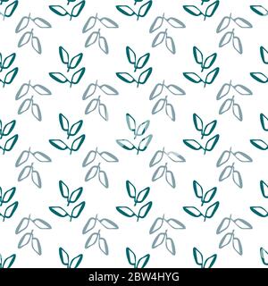 Blue leaves geometric seamless vector pattern background. Monochrome clusters of line art foliage on fresh white backdrop. Modern hand drawn botanical Stock Vector
