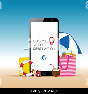 mobile phone with beach stuff and choose your destination message art illustration Stock Vector