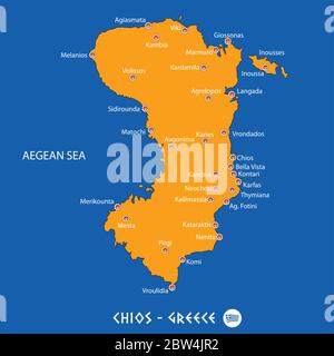 Island of  chios in Greece orange map art and blue background Stock Vector