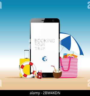 mobile phone with beach stuff art illustration Stock Vector
