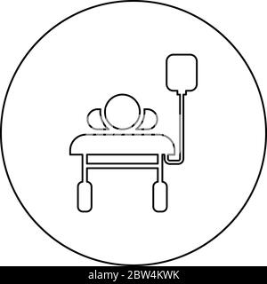 Patient lying on medical bed couch with dropper Man with dropping bottle Emergency therapy concept injecting resuscitation Intensive care icon in Stock Vector