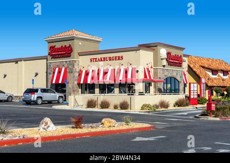 Victorville, CA / USA – February 11, 2020: Freddy's Frozen Custard & Steakburgers restaurant located in Victorville, California, adjacent to Interstat Stock Photo