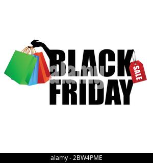 black friday with paper bag in hand art illustration Stock Vector