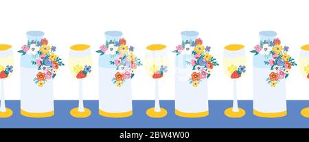 Summer wine glass and water carafe with flowers seamless vector border. Summer garden party repeating pattern with wildflowers on a glass bottle and Stock Vector